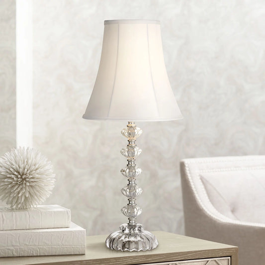 Country Cottage Accent Table Lamp with Clear Stacked Glass and Off-White Bell Shade - 21" High