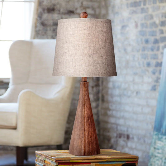 Modern Brown Faux Wood Accent Table Lamp with Oatmeal Drum Shade - 23 1/2" High
